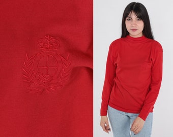 Red Mock Neck Shirt 90s Crest Top Long sleeve T-Shirt High Neck Plain T Shirt Basic Top Mockneck Tee Simple Layering Vintage 1990s Small S