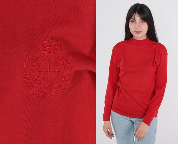 Red Mock Neck Shirt 90s Crest Top Long sleeve T-Shirt High Neck Plain T Shirt Basic Top Mockneck Tee Simple Layering Vintage 1990s Small S