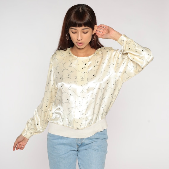 Cream Floral Blouse 80s Shiny Long Sleeve Top Boho Silky Retro Bohemian Pullover Banded Hem Shirt Hippie Girly Vintage 1980s Medium M