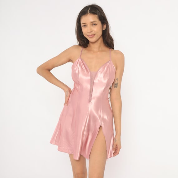 Pink Mini Babydoll Satin Slip Dress 90s Victoria's Secret Blush Rose Camisole Nightgown Date Night Romantic Valentines Day Lingerie Small S