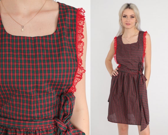 70s Apron Dress Red Plaid Open Back Diner Uniform… - image 1