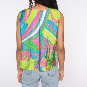 Floral Tank Top 80s Psychedelic Blouse Bohemian Shirt Hippie Vintage Shirt 1980s Boho Shiny Neon Lime Green Top Medium image 7