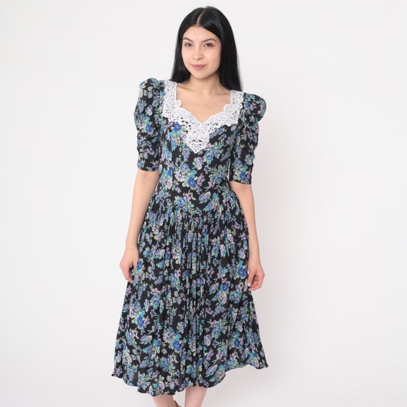 80s Floral Dress Black Puff Sleeve Midi Dress Boho Lace Dress Basque Waist Vintage 1980s Princess Seams Blue Bohemian Rayon 2xs Petite P