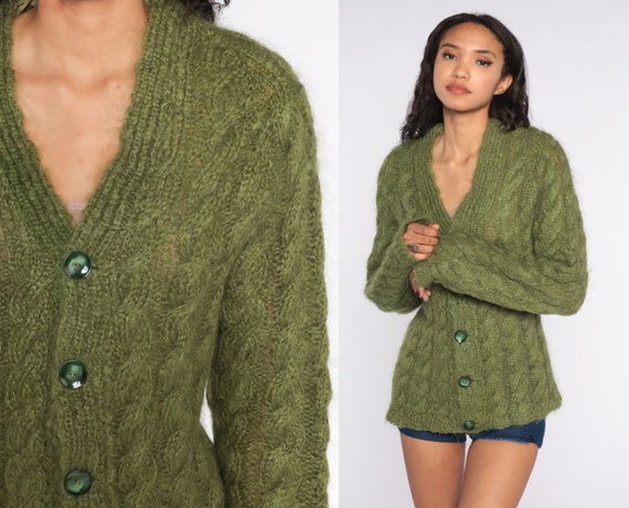 Olive Green Sweater 70s Cable Knit 