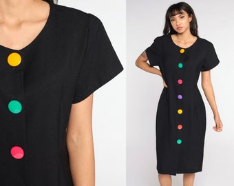 Black Wiggle Dress 80s RAINBOW Button Up Dress Midi Shirtdress Vintage 1980s Short Sleeve Sheath Dress Secretary Large 12