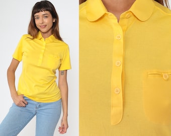 Yellow Polo Shirt -- Vintage 80s Peter Pan Collar Button Up Shirt Retro Tshirt Collared 1980s Short Sleeve Tee Plain Small S