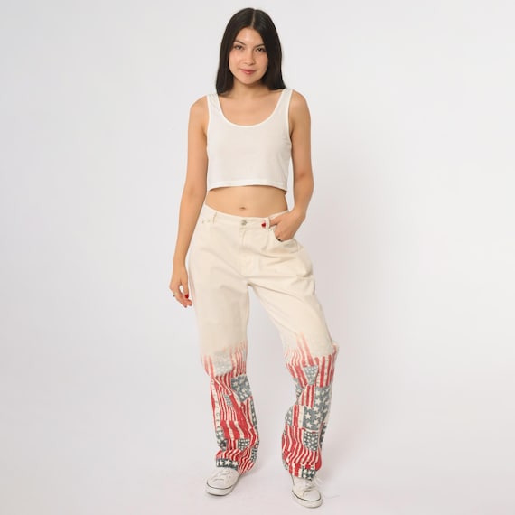 Tommy Hilfiger Jeans Y2K Flag Print Denim Pants Distressed Off White USA Stars Stripes Grunge Baggy Streetwear Patriotic Wide Leg Size 10