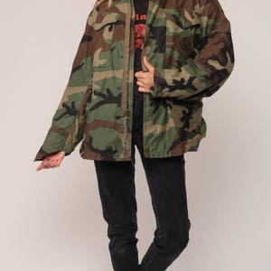 Camouflage Jacket CAMO Military Jacket Army Olive Green Brown Grunge 80s Commando Cargo Oversized 1980s Vintage Hipster Small short image 2