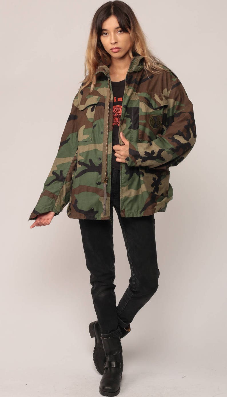 Camouflage Jacket CAMO Military Jacket Army Olive Green Brown Grunge 80s Commando Cargo Oversized 1980s Vintage Hipster Small short image 2