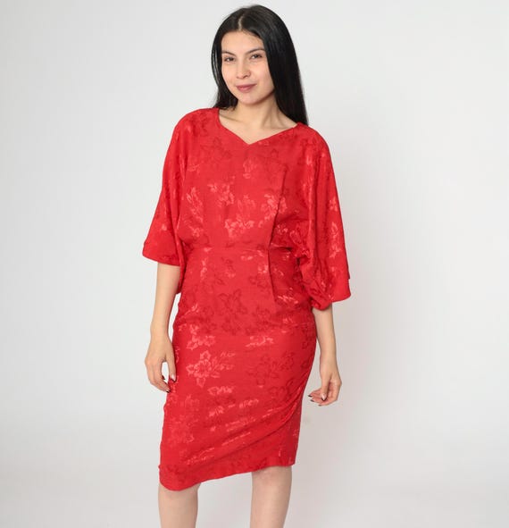 Vintage 80s Red Jacquard Dress Kimono Sleeve Floral Sheath Fitted Waist Cocktail Party Statement 1980s Formal Evening Pencil Extra Small xs
