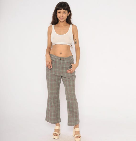 70s Plaid Flare Pants Grey Red Windowpane Check Cropped Kick Bell Bottom Wool Blend Trousers Low Rise Vintage Slacks Ankle Length Medium M