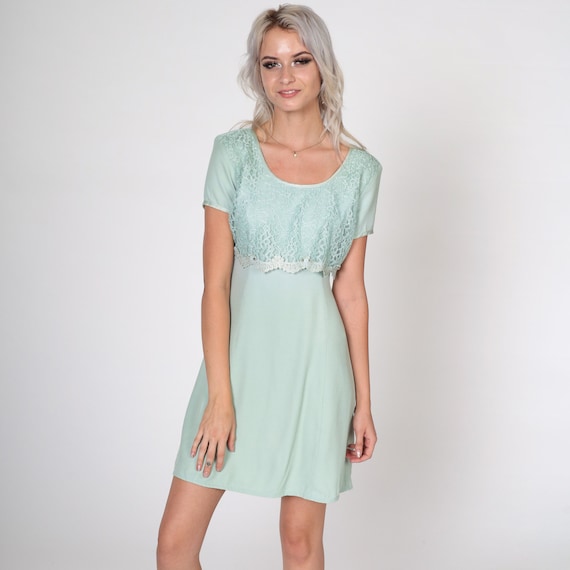 Seafoam Lace Dress 90s Mini Dress Party Formal Cocktail Short Sleeve Scoop Neck Shift Romantic Vintage Rosette Blue Green 1990s Small 5