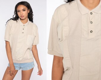 Beige Polo Shirt -- Vintage 80s Button Up Shirt Retro 90s Collared Shirt 1980s Slouch Short Sleeve Tee Plain Medium Large