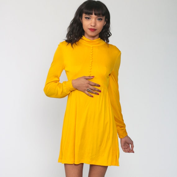 Yellow Babydoll Dress 1970s Mod Mini Dress Button… - image 3