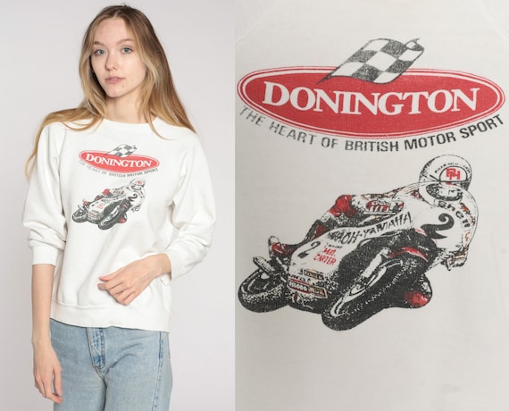 Donington Park Sweatshirt 90s Motorcycle Racing Shirt Heart of British Motor Sport Crewneck Pullover Graphic White Vintage 1990s Medium