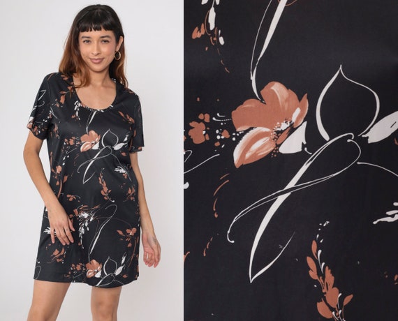 70s Floral Dress Black Abstract Mod Dress Mini Hippie Dress 1970s Shift Boho Twiggy Vintage Scoop Neck Short Sleeve Bohemian Medium Large