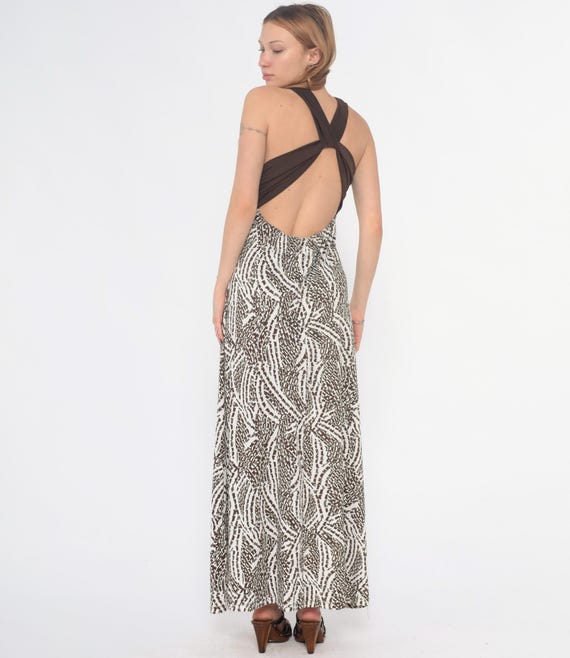 Y2K Halter Summer Dress Brown White Black Bohemian Geometric Open Back Backless Cross Strap V Neck Party Going Out Club Vintage Medium M