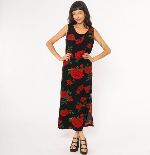 Black Rose Maxi Dress Y2K Red Floral Print Sleeveless Tank Scoop Neck Cottagecore Dark Floral Long Vintage Column Summer Medium M