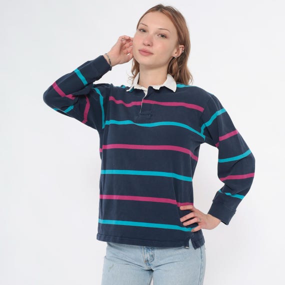 Striped Rugby Polo 90sNavy Blue Pink Teal Turquoise Magenta Horizontal Collared Preppy Vintage Top Shirt Sporty Casual Athletic White Small