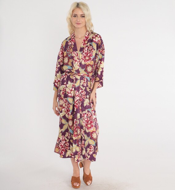 Purple Floral Robe 90s Lingerie Robe Long Bed Jacket Flower Print Tie Front Lounge Midi Pajama Kimono Boho House Coat Vintage 1990s Medium M