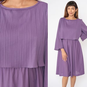 Pleated Purple Dress 70s Midi Day Dress Knife Pleated High Waisted 1970s Vintage Draped Grecian Disco Long Bell Sleeve Bohemian Small Medium