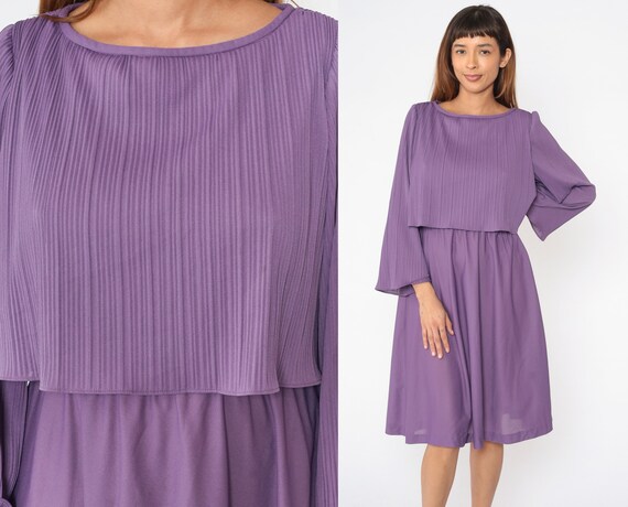 Pleated Purple Dress 70s Midi Day Dress Knife Pleated High Waisted 1970s Vintage Draped Grecian Disco Long Bell Sleeve Bohemian Small Medium