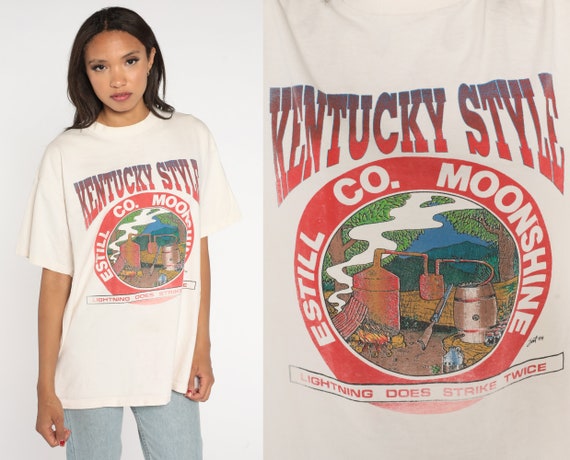 Kentucky Style Moonshine Shirt 90s Estill County T-Shirt Lighting Strikes Twice Graphic Tee Alcohol Drinking Single Stitch Vintage 1990s XL