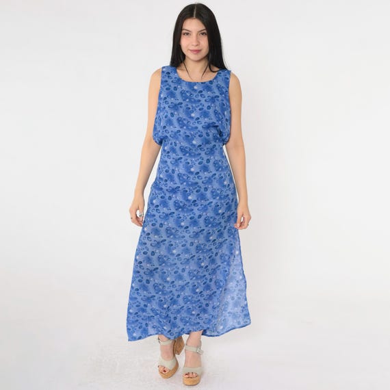 Vintage 90s Long Floral Dress & Matching Shawl Blue Maxi Sundress Sleeveless Straight Cut Bohemian Tank Summer Retro 1990s Medium M