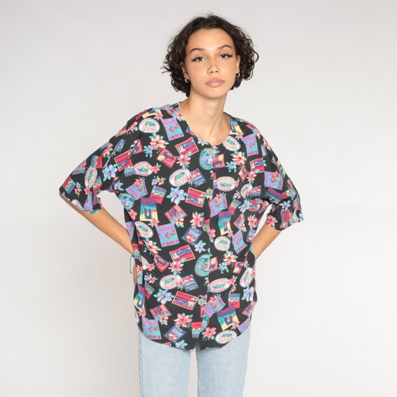 Travel Print Shirt 90s Novelty Top Button up Blouse Retro Postcard Tourist Graphic Print Short Sleeve Black Vintage 1990s Extra Large xl