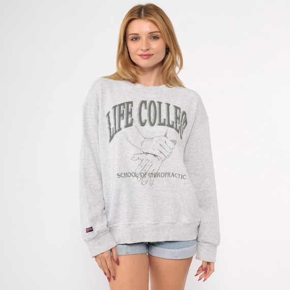 Vintage Life College Sweatshirt 90s Gray Chiropractic School Graphic Crewneck Jansport Logo Unisex Chiropractor Pullover 1990s Large L