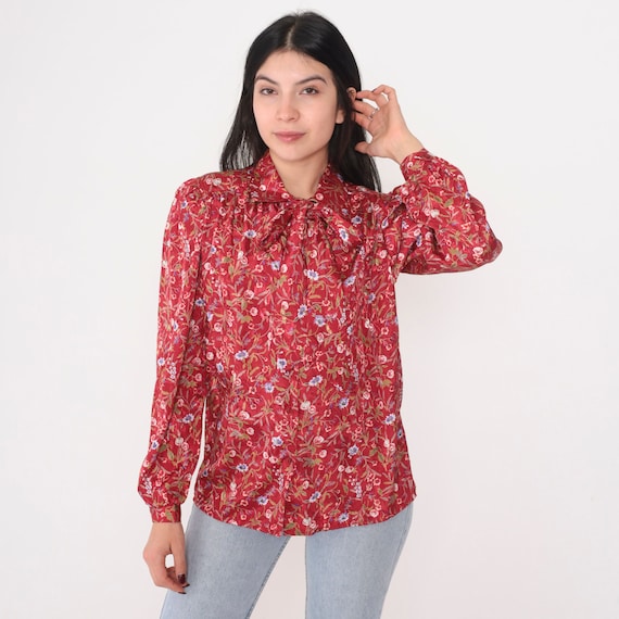 Floral Ascot Blouse 80s Red Button up Shirt Long Puff Sleeve Necktie Top Neck Tie Pussy Bow Flower Print Bohemian Vintage 1980s Medium M