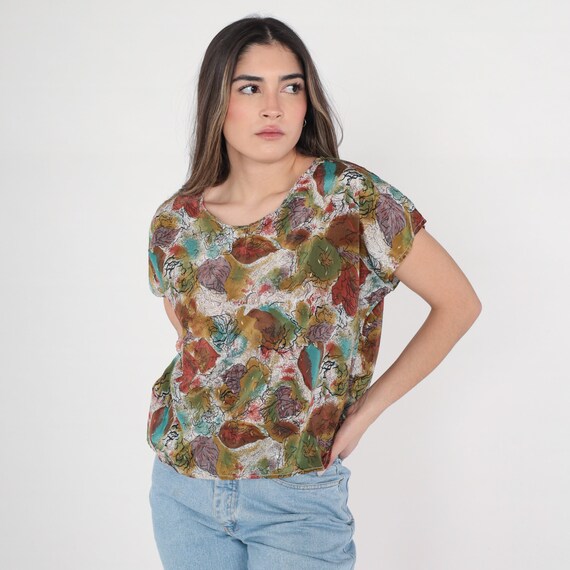 Abstract Floral Shirt 90s Blouse Retro Brushstroke Watercolor Flower Print Top Bohemian Olive Green White Brown Vintage 1990s Medium Large