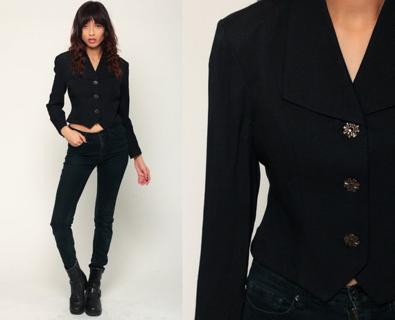 Black Blazer Jacket 90s CROPPED Jacket Goth Blazer Crop Blazer Black Blouse Button Up Top Gothic Vintage 1990s Cocktail Women Small