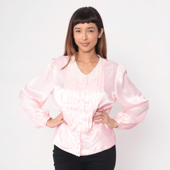 80s Pink Blouse White Lace Trim Pleated Work Shirt Secretary Office Victorian Collar Feminine Coquette Dressing Vintage Preppy Large L