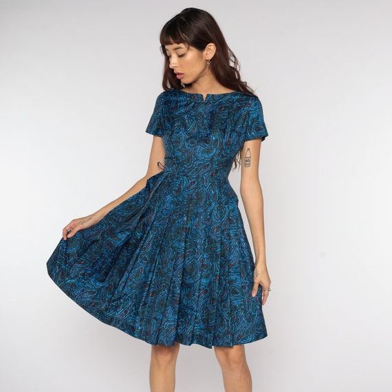 60s Day Dress Blue Paisley Tea Length 60s PLEATED… - image 2