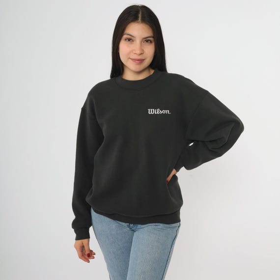 Black Wilson Sweatshirt Vintage 90s Minimalist Embroidered Logo Crewneck Pullover Sportswear Streetwear Athleisure Casual Medium M