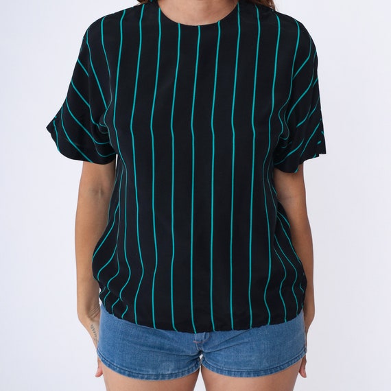 80s Top Black Striped Shirt Turquoise Blue Shirt … - image 6