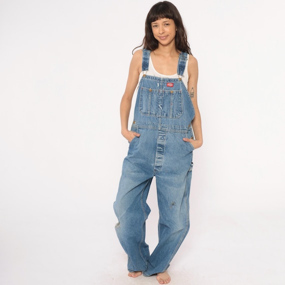 Dickies Denim Overalls 90s Baggy Blue Workwear Dungarees Vintage Streetwear Bib Pants Distressed Faded Medium Wash Grunge Skater 38 x 32