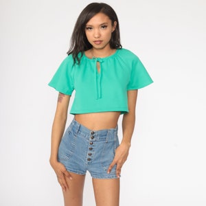 Green Crop Top 70s Blouse Keyhole Flutter Sleeve Shirt Hippie Vintage Boho Shirt 1970s Retro Short Sleeve Small S
