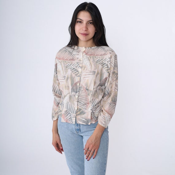 Leaf Print Blouse 90s Beige Button Up Shirt Retro 3/4 Sleeve Tropical Jungle Grey Pink Casual Hippie Bohemian 1990s Vintage Rayon Medium 8
