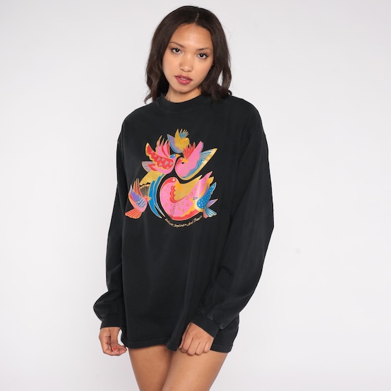 Guatemalan Songbirds Shirt 90s Laurel Burch Long Sleeve Cotton Crew Neck Pullover Colorful Animal Lover Print Folk Art Extra Large XL