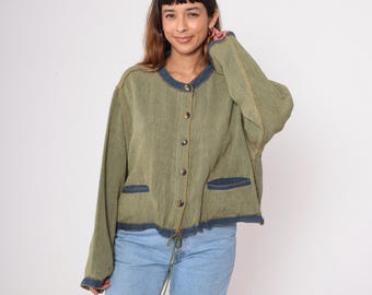 Hippie Shacket Y2K Green Cotton Blue Trim Button Up Long Sleeve Drawstring Waist Vintage Oversized Bohemian Festival Earthy Extra Large XL
