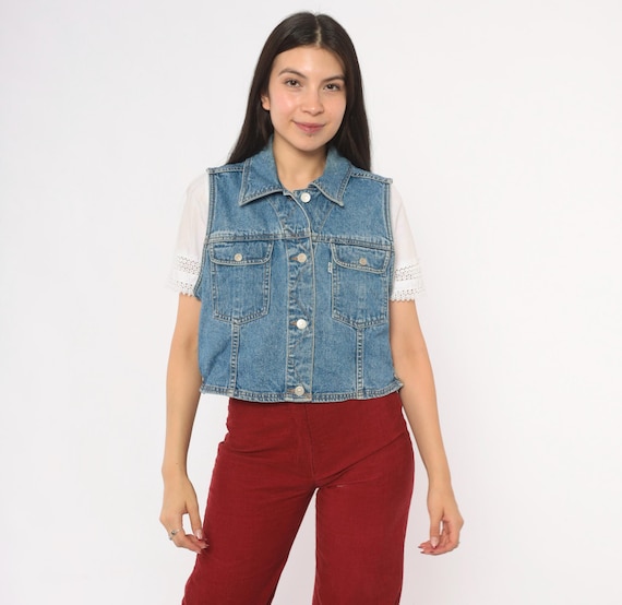 90s Levi's Denim Vest Blue Jean Sleeveless Jacket Button Front Cropped Waistcoat Cotton Trucker Style Grunge Medium Wash Vintage Medium M
