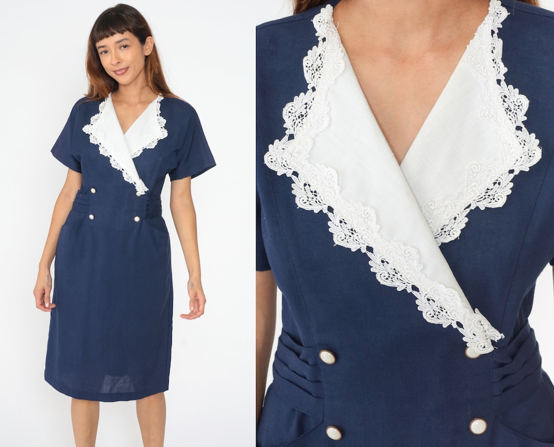 1980s White Sleeveless Button-Up Dress w/ Blue Embroidery