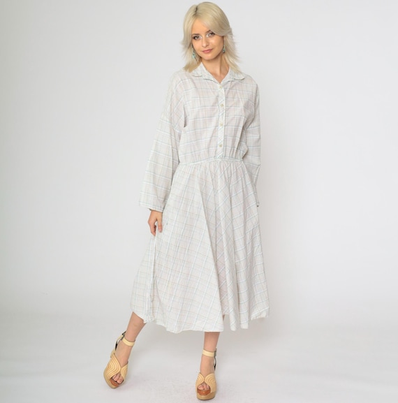 80s Plaid Shirt Dress Button Up Midi Dress White Tan Aqua Checkered Cotton Shirtdress High Waist Long Sleeve Vintage 1980s Medium Large