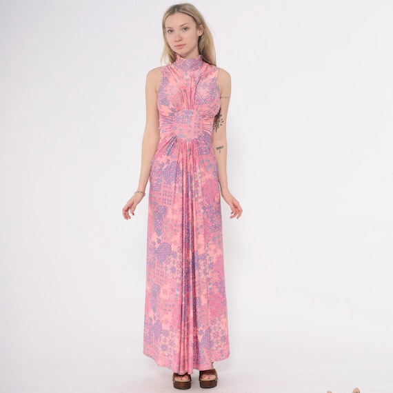 70s Psychedelic Dress Pink Blue Geometric Print High Neck Sleeveless Disco Era Abstract Pattern Mock Turtleneck Tank Vintage Extra Small XS