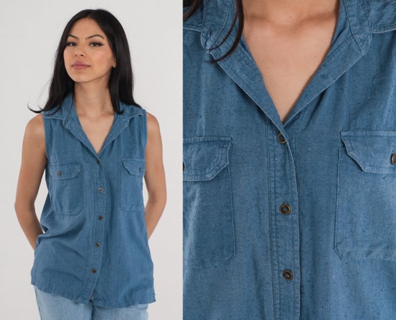Blue Blouse Y2k Raw Silk Button up Shirt Retro Tank Top Flecked Sleeveless  Collared Shirt Casual Summer Simple Preppy Vintage 00s Medium M 
