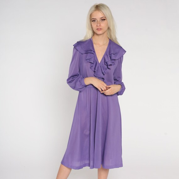 Purple Midi Dress 70s Faux Wrap Dress Sheer Boho Chic Long Sleeve Ruffled V Neck Bohemian High Waist Secretary Dress Vintage 1970s Medium M
