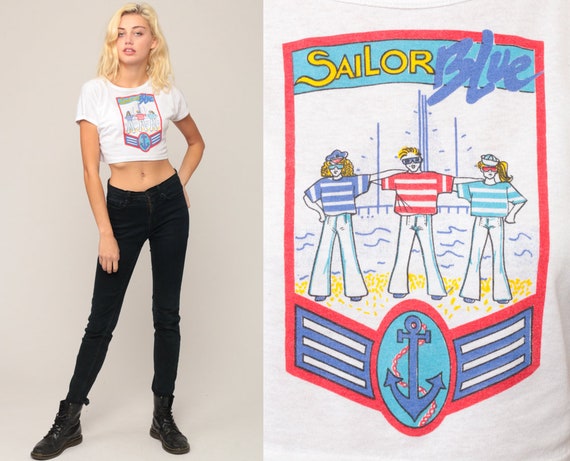 Nautical Shirt SAILOR BLUE Cropped Tshirt Graphic Crop Top 90s Vintage Cap Sleeve Tee 80s T Shirt Tee Small