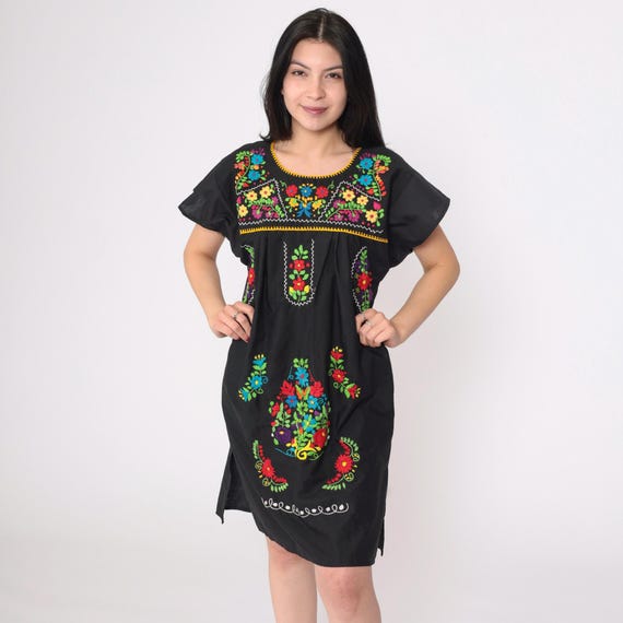 Black Mexican Embroidered Dress Vintage Mini Boho Cotton Tunic Hippie Floral Puebla Folk Bohemian Embroidery Traditional Small